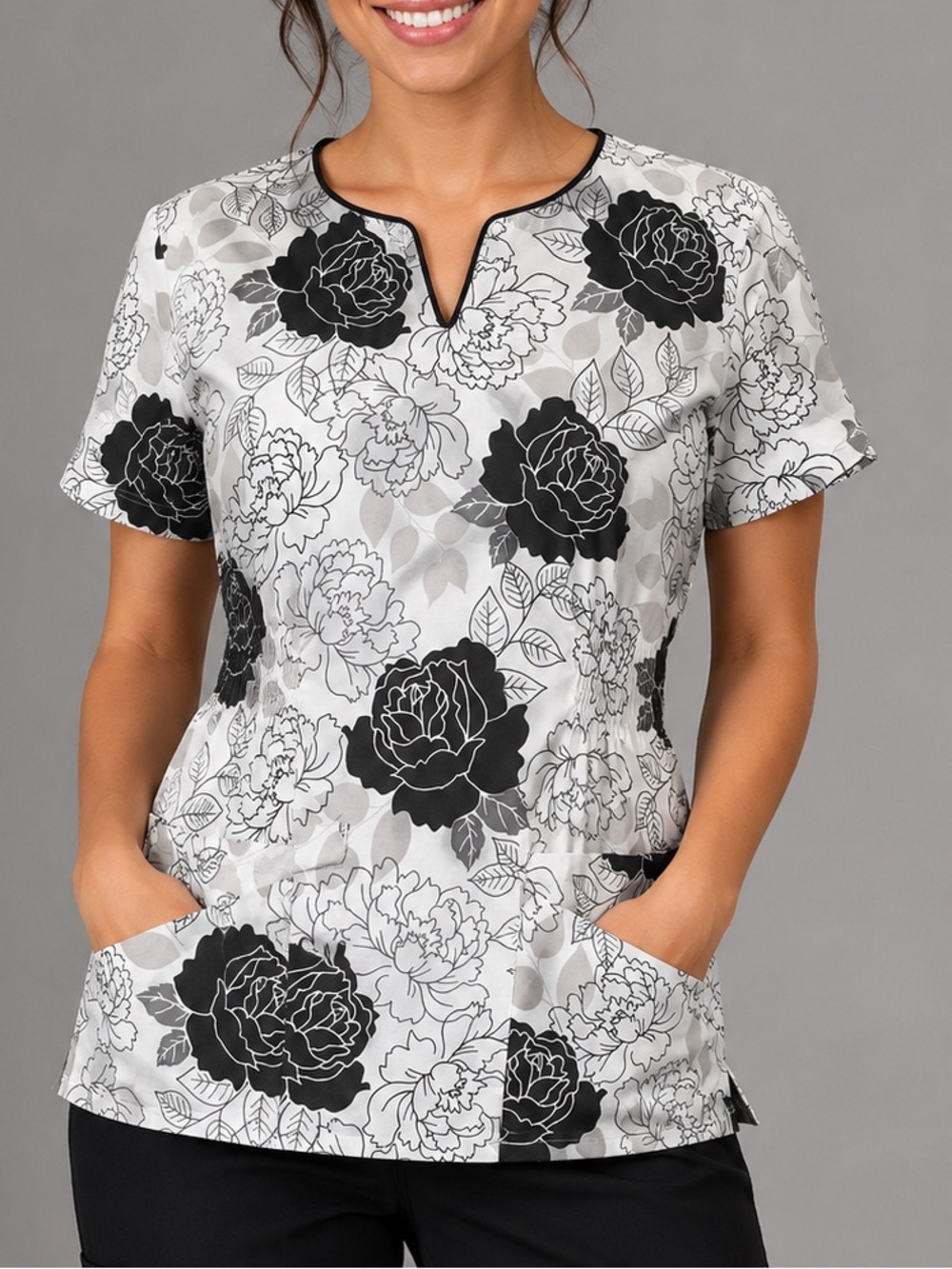 Women’s Large  Peaches Uniforms Black & White Floral Print Scrub Top